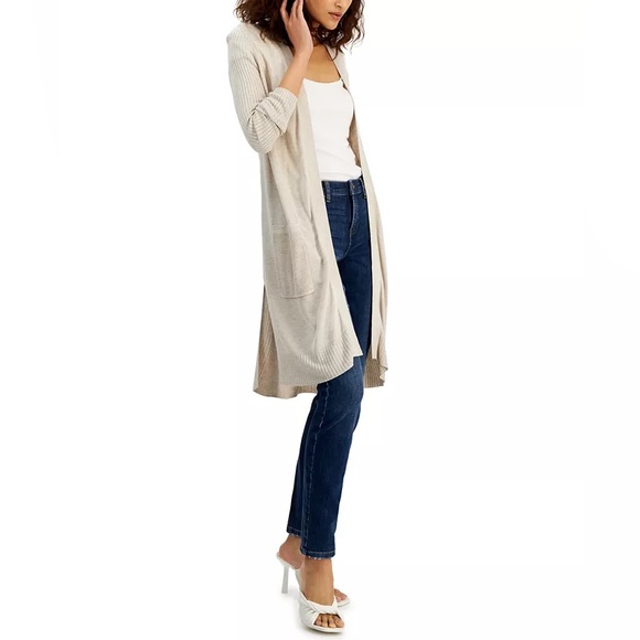 ❌ SOLD INC Ribbed Duster Cardigan, Longline Open Front, Pockets. Oatmeal, Size M - Picture 2 of 10